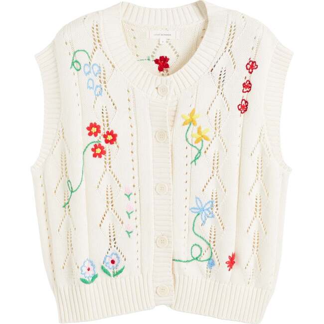 Cotton Hand Embroidered Floral Tank, Cream - Vests - 4