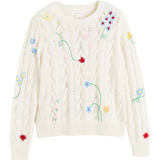 Cotton Hand Embroidered Floral Sweater, Cream - Sweaters - 5