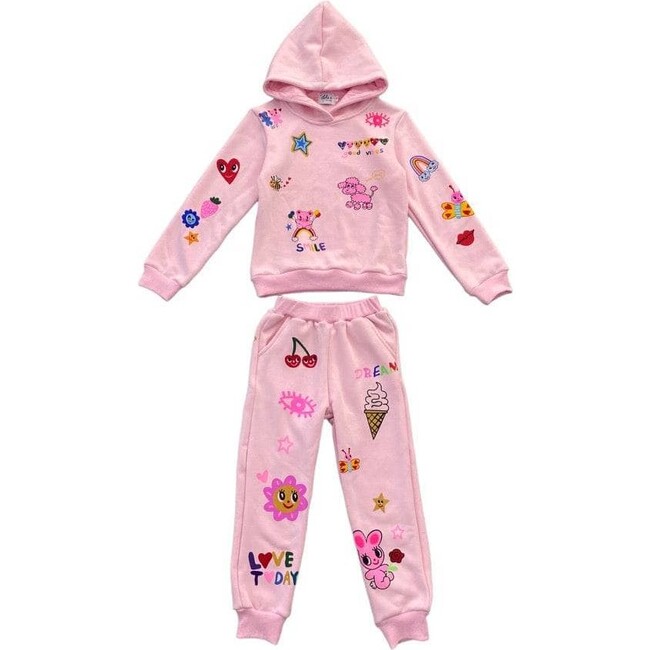 Doodle Art Patch Sweatshirt And Pant Set, Pink