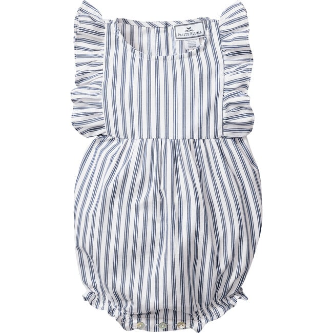 Ruffled Twill Romper, Navy French Ticking