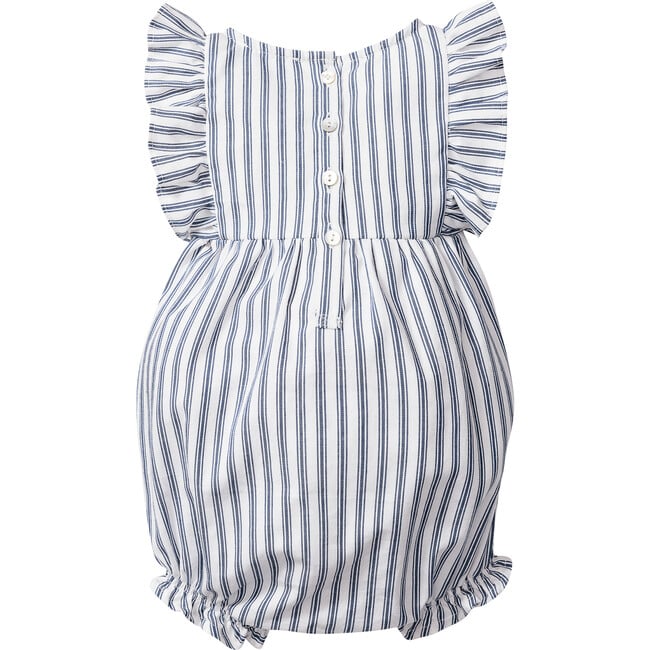 Ruffled Twill Romper, Navy French Ticking