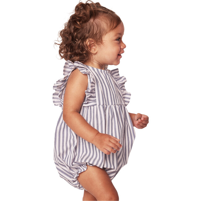 Ruffled Twill Romper, Navy French Ticking - Rompers - 5
