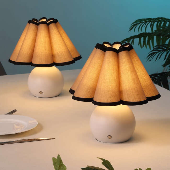 Billie 10.5" Classic Scalloped Shade Rechargeable/Cordless Dimmable Integrated LED Table Lamps, Ivory/Black (Set of 2)