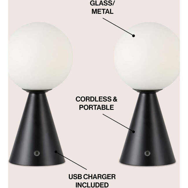 Macie 11.75" Modern Minimalist Globe Rechargeable/Cordless Dimmable Integrated LED Table Lamp with Touch Sensor, Black (Set of 2) - Lighting - 3