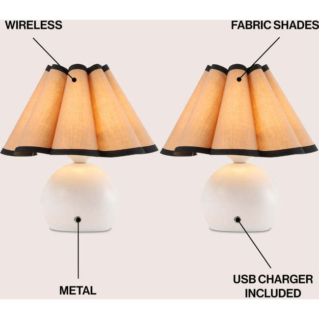 Billie 10.5" Classic Scalloped Shade Rechargeable/Cordless Dimmable Integrated LED Table Lamps, Ivory/Black (Set of 2) - Lighting - 3