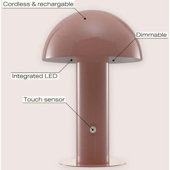 Boletus 10.75" Contemporary Rechargeable/Cordless Integrated Portable LED Mushroom Table Lamp, Pink - Lighting - 3