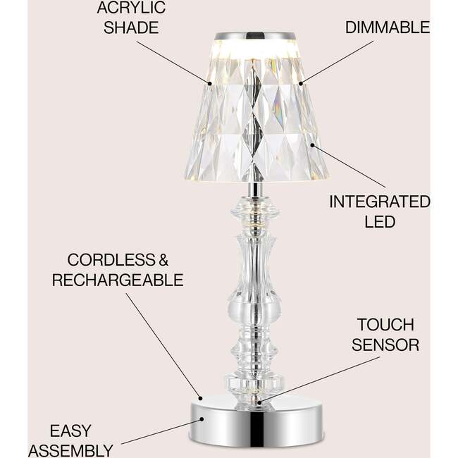 Lillian 12.75" Classic Acrylic Rechargeable Integrated Portable LED Table Lamp, Clear/Chrome - Lighting - 3