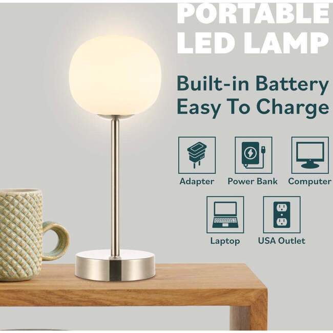 Natalia 12.25" Modern Minimalist Rechargeable Integrated Portable LED Table Lamp, Nickel/White - Lighting - 7