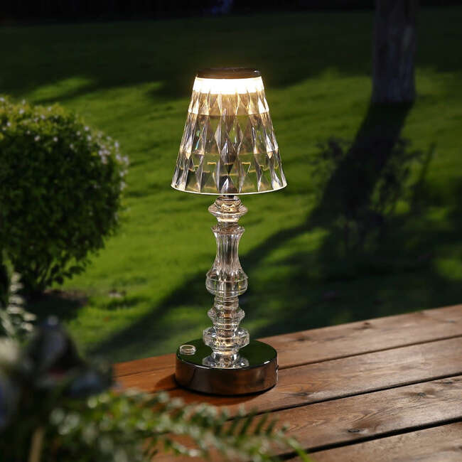 Lillian 12.75" Classic Acrylic Rechargeable Integrated Portable LED Table Lamp, Clear/Chrome - Lighting - 5