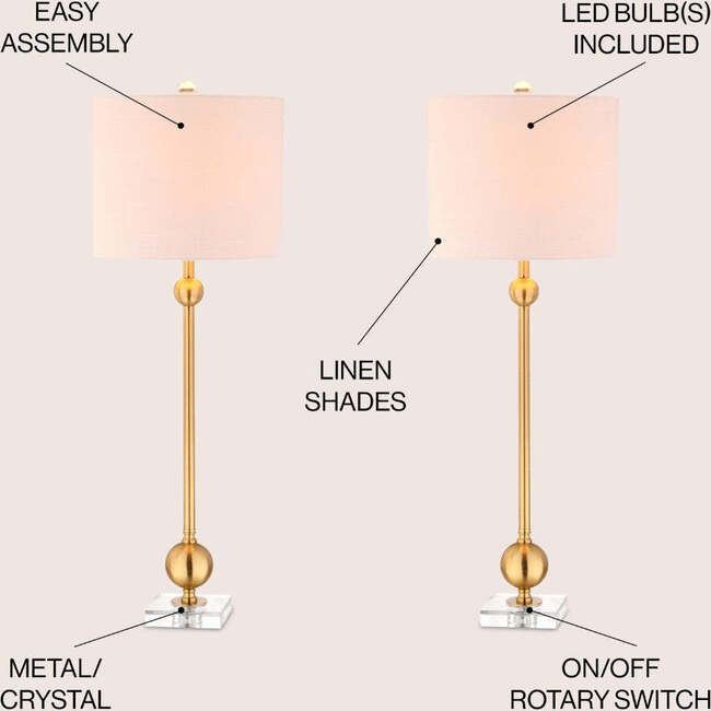 Hollis 34" Metal LED Table Lamp, Brass with Crystal Base (Set of 2) - Lighting - 3
