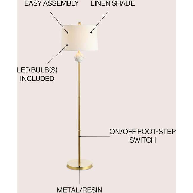 Vaughn 60" Modern Metal/Resin LED Floor Lamp, Brass Gold/White - Lighting - 3