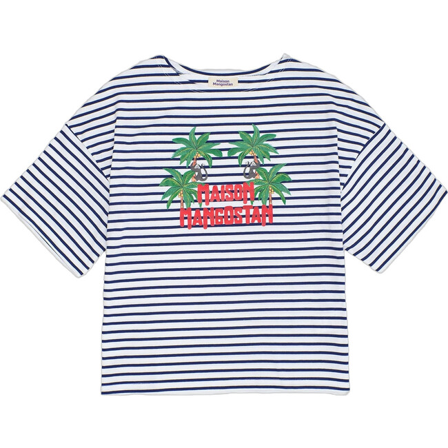 Adult Monkey Stripes T-Shirt, White & Navy - T-Shirts - 1