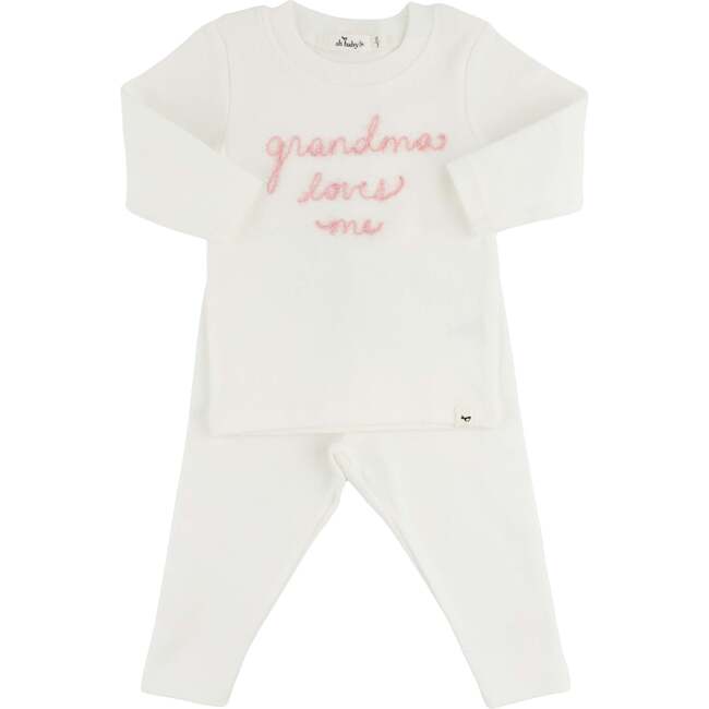 Pink Embroidered Grandma Loves Me Two Piece Set, Cream