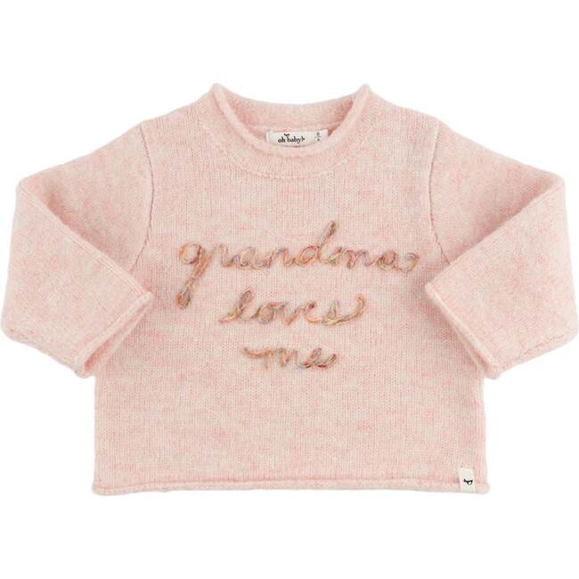 Heather Knit Roll-Edge Grandma Loves Me Sweater, Pink