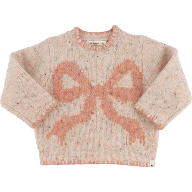 Big Bow Speckled Roll-Edge Knitted Pullover, Pale Pink
