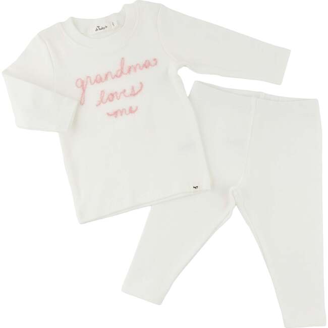 Pink Embroidered Grandma Loves Me Two Piece Set, Cream - Mixed Apparel Set - 3