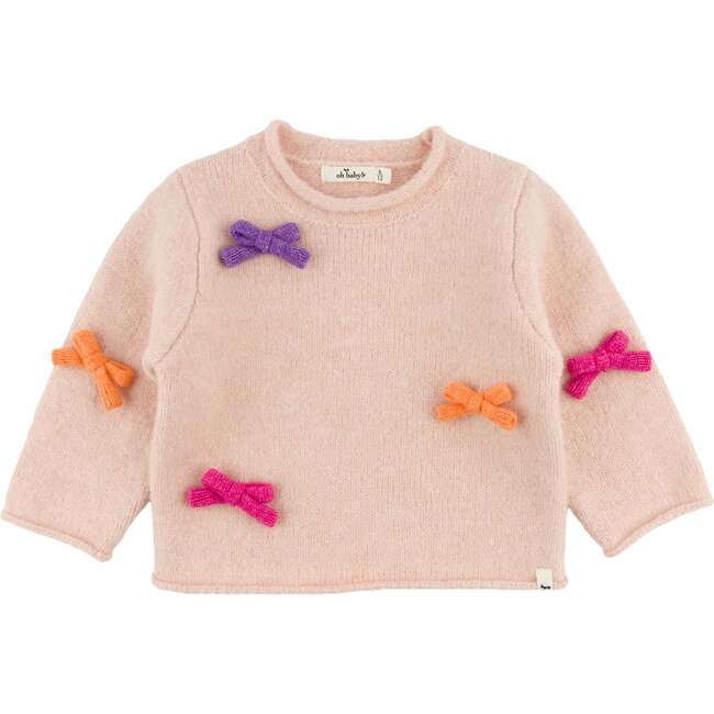 Multi Bows Heather Roll Edge Knitted Pullover, Pale Pink Heather