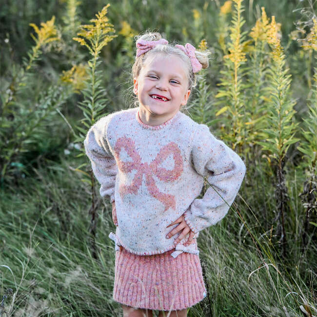Big Bow Speckled Roll-Edge Knitted Pullover, Pale Pink