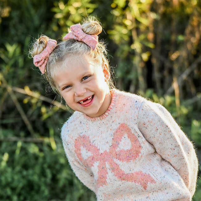 Big Bow Speckled Roll-Edge Knitted Pullover, Pale Pink - Sweaters - 3
