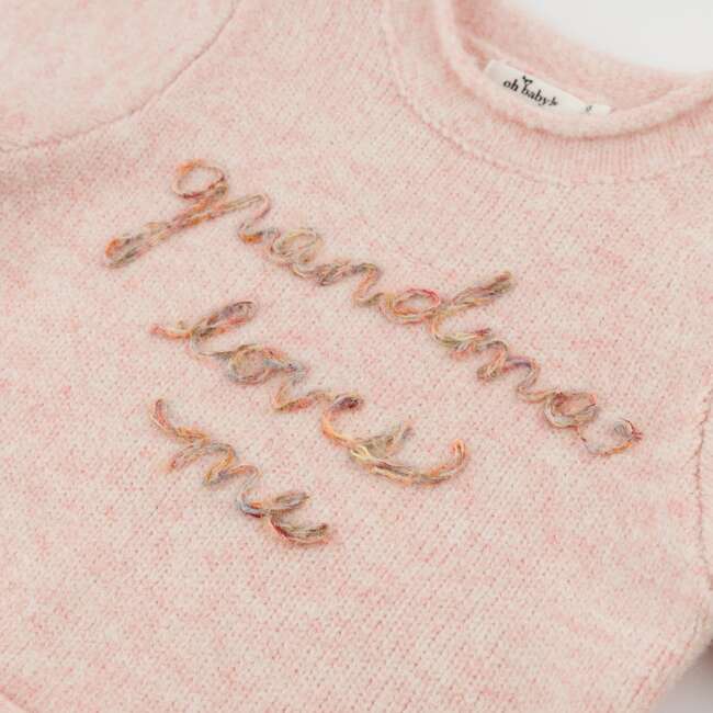 Heather Knit Roll-Edge Grandma Loves Me Sweater, Pink