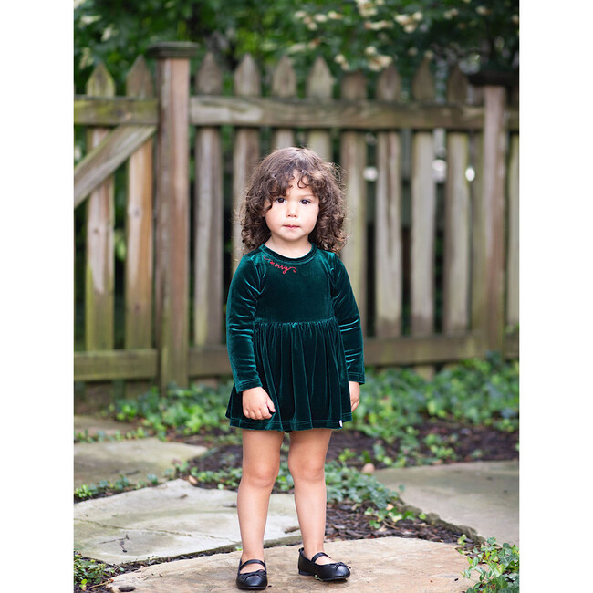 Holiday Velvet Embroidered Snap Closure Bubble Romper, Emerald