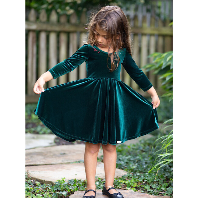 Holiday Velvet Embroidered Long Sleeve Twirly Dress, Emerald