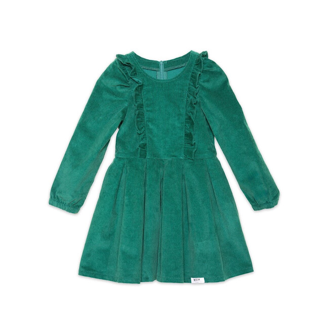 Long Sleeve Ruffle Dress in Green Corduroy