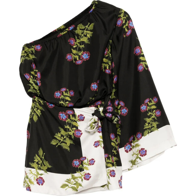 One Shoulder Mini Silk Dress, Black Floral