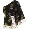 One Shoulder Mini Silk Dress, Black Floral - Dresses - 1 - thumbnail