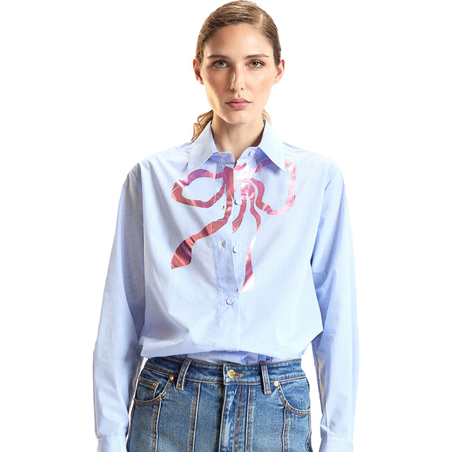 Metallic Bow Cotton Shirt, Blue - Button Downs - 3