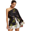 One Shoulder Mini Silk Dress, Black Floral - Dresses - 5