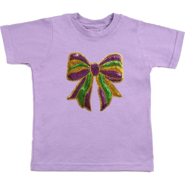 Mardi Gras Sequin Bow Patch Short Sleeve T-Shirt, Lavender