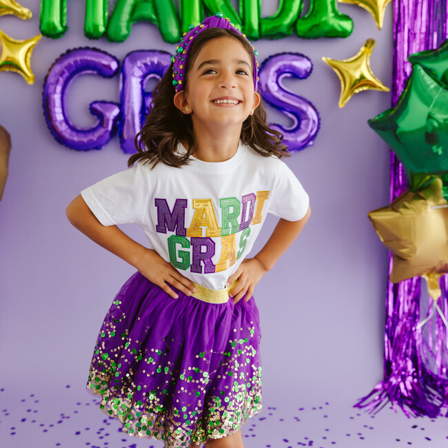 Mardi Gras Sequin Patch Short Sleeve T-Shirt, White - T-Shirts - 4
