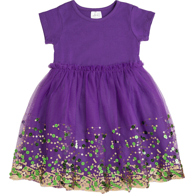Mardi Gras Confetti Short Sleeve Tutu Dress, Purple
