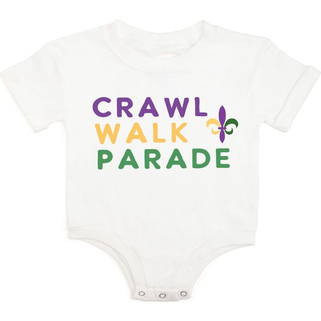 Crawl Walk Parade Mardi Gras Short Sleeve Romper, White
