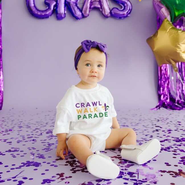 Crawl Walk Parade Mardi Gras Short Sleeve Romper, White