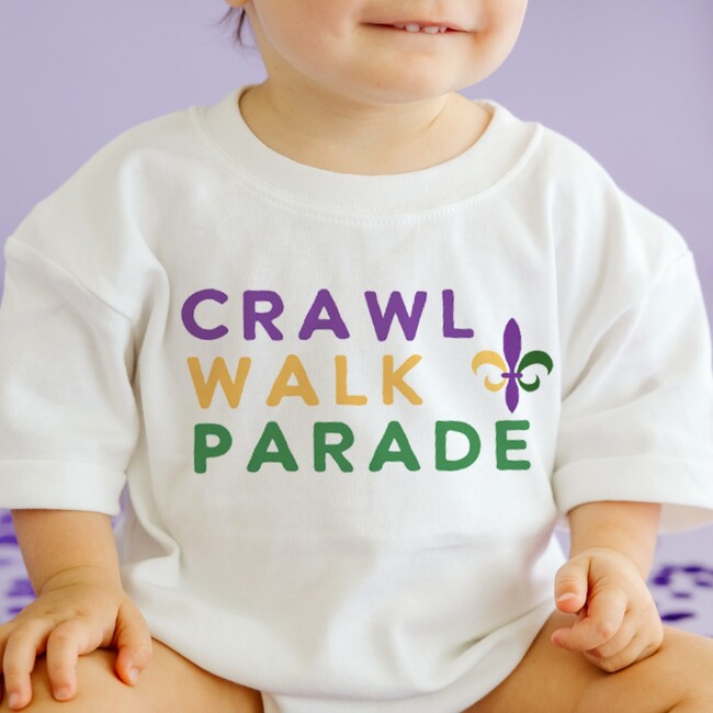 Crawl Walk Parade Mardi Gras Short Sleeve Romper, White - Rompers - 3