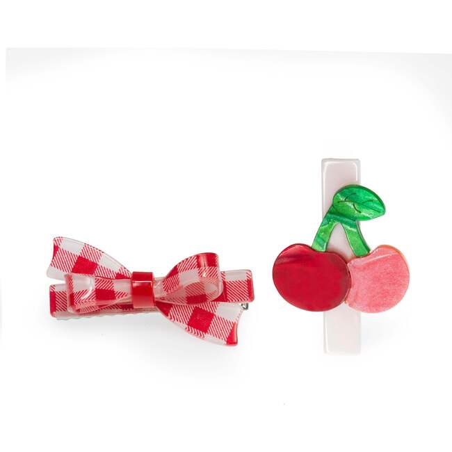 Cherry & Red Checkered Bow Hair Clips