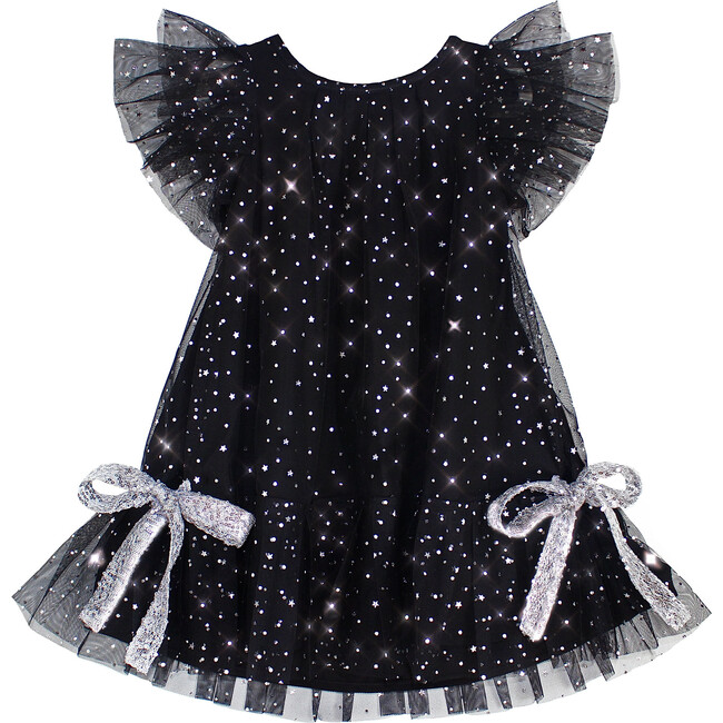 Athénée Flutter Sleeve Tulle Dress With Bow, Black Shimmer - Dresses - 1