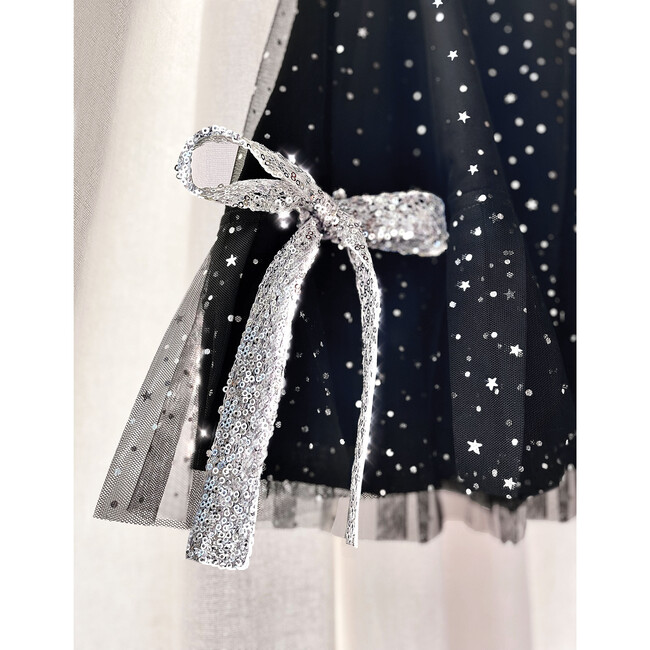 Athénée Flutter Sleeve Tulle Dress With Bow, Black Shimmer - Dresses - 3