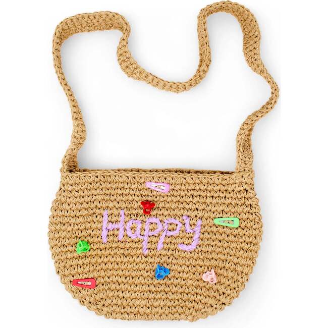 Girls Wicker Crossbody Message Charm Tote, Purple "Smile"