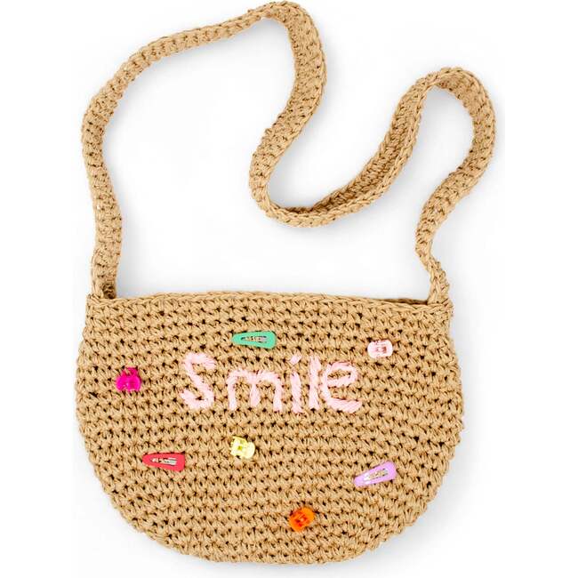 Girls Wicker Crossbody Message Charm Tote, Pink "Smile"