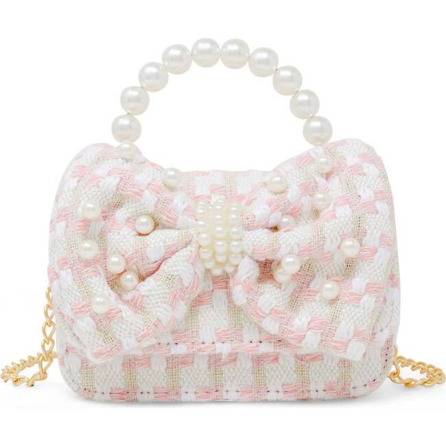 Girls Tweed Jumbo Pearl Bow Handbag, Pink