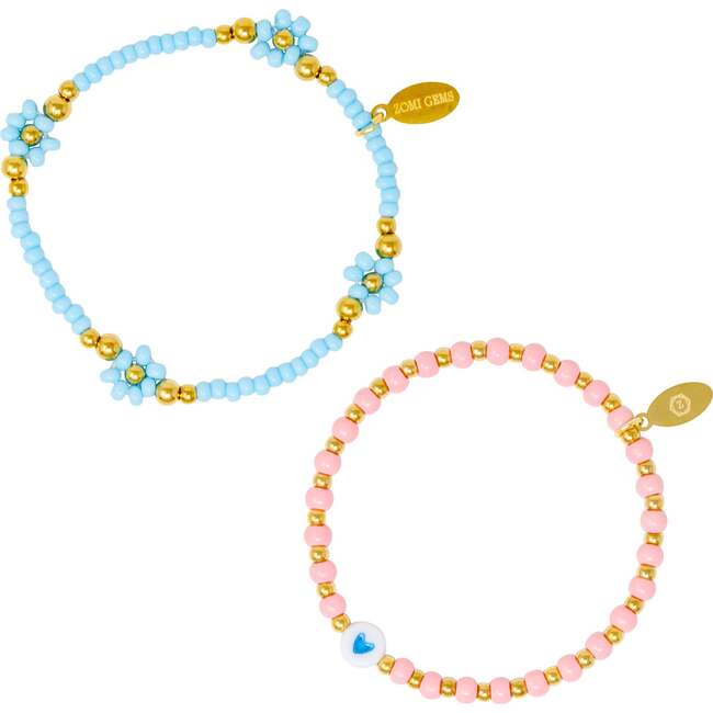 Girl's Tiny Daisies Stretchy Bead Bracelet Set, Blue - Bracelets - 1