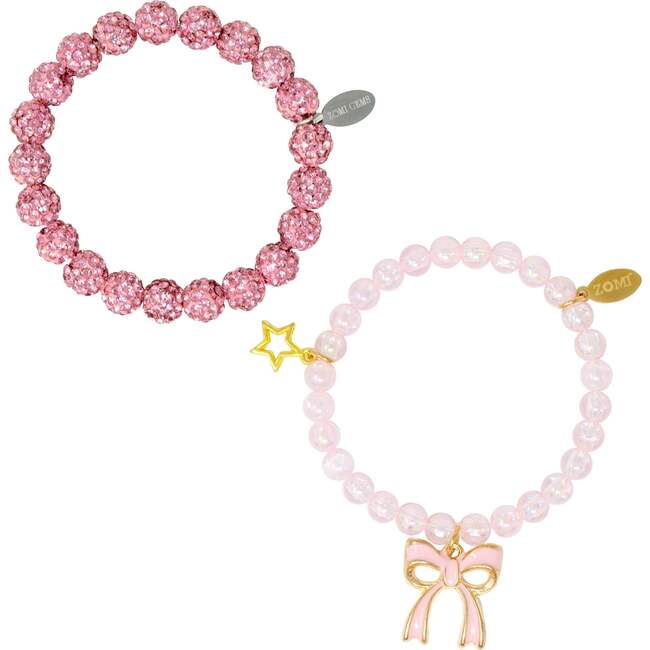 Girl's Sparkle Bow Bracelets Set, Pink