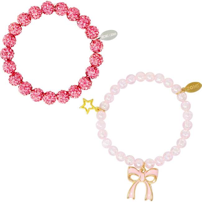 Girl's Sparkle Bow Bracelets Set, Hot Pink