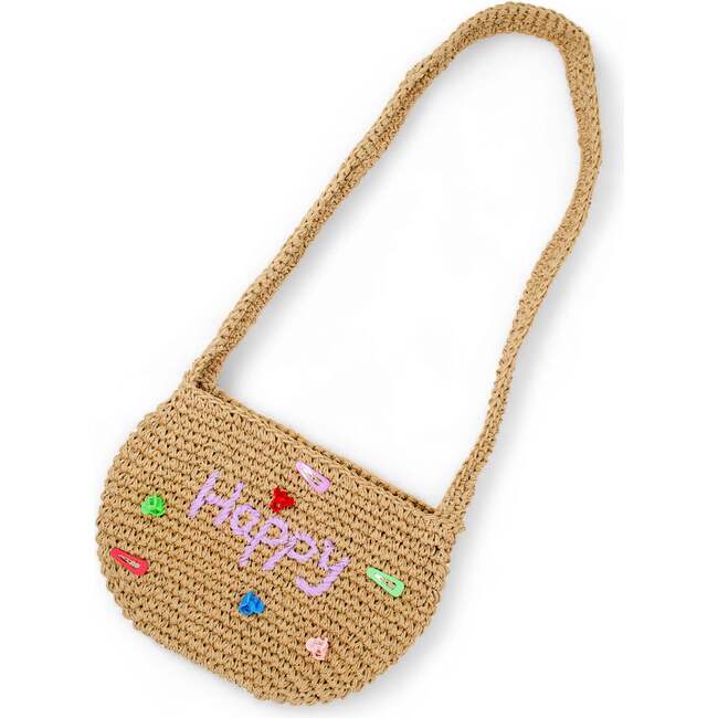 Girls Wicker Crossbody Message Charm Tote, Purple "Smile"