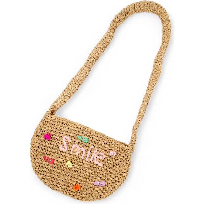 Girls Wicker Crossbody Message Charm Tote, Pink "Smile"
