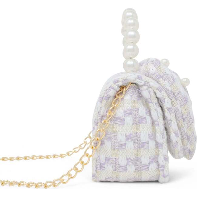 Girls Tweed Jumbo Pearl Bow Handbag, Purple