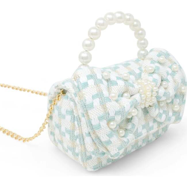 Girls Tweed Jumbo Pearl Bow Handbag, Teal - Bags - 3